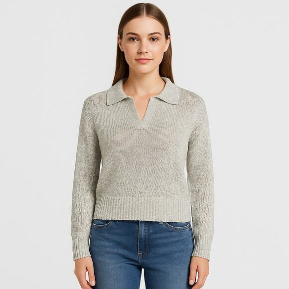 Marled Womens Light Gray Metallic Sweater Size L Shimmery Knit Collared Pullover - Picture 1 of 12